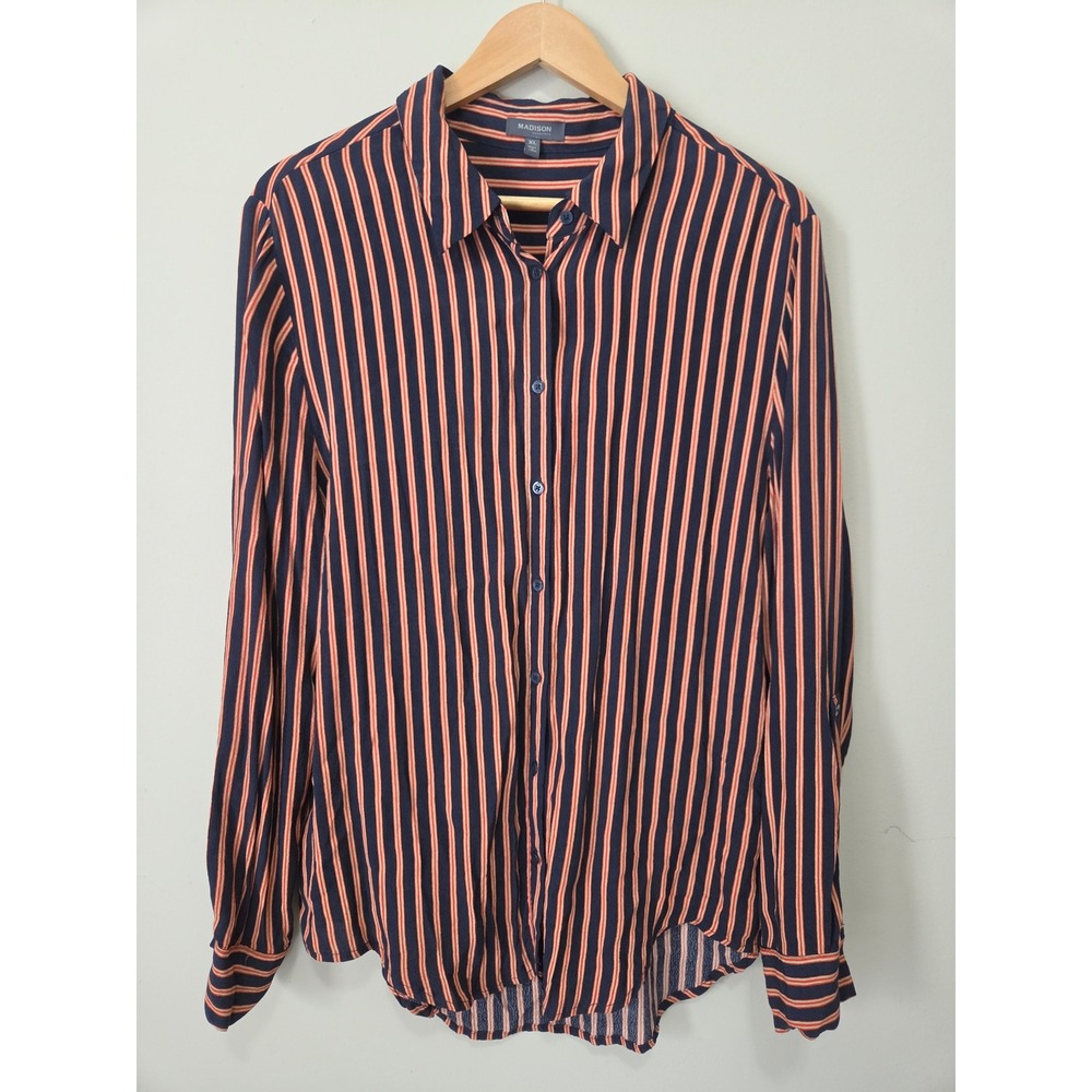 Madison Navy Orange Striped Rayon Button Up Shirt Womens XL Long Sleeve Blouse